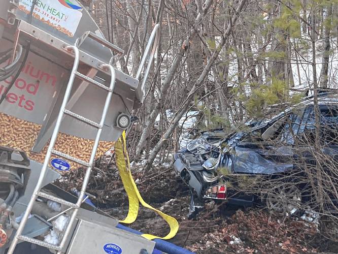 A car carrying 6,000 pounds of wood pellets wound up on top of another car when they crashed in Sharon Friday afternoon.