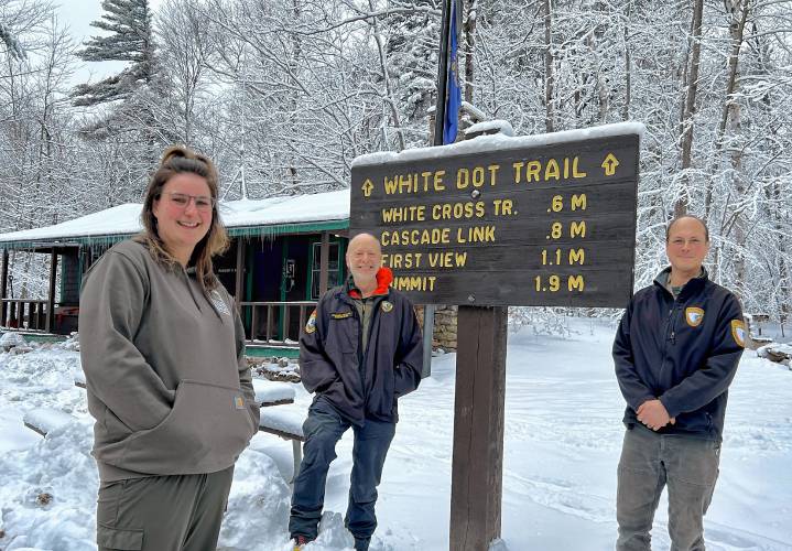From left, Assistant Park Manager Mary Shotton, Chief of Mountain Patrol David Targan and Park Manager Will Kirkpatrick played key roles in rescuing three lost and cold hikers off  Mount Monadnock last month.